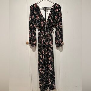 Forever 21 Navy Rose Floral Long Sleeve Maxi Dress with Elastic Cut-Out